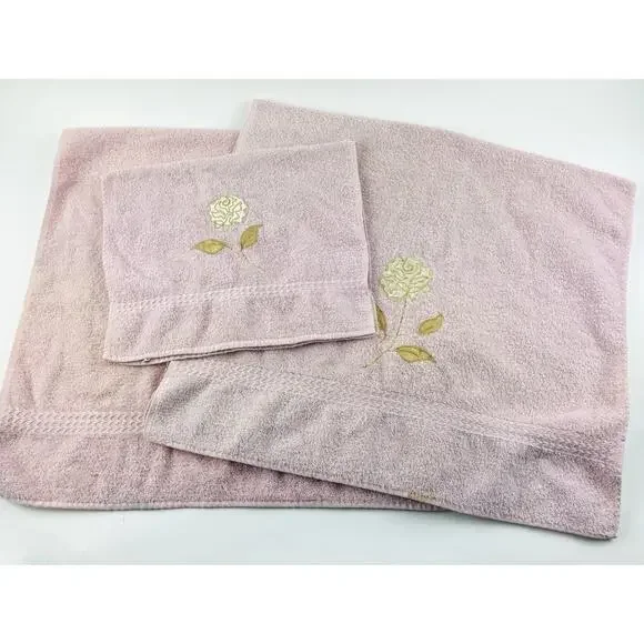 Cannon Bath Body Hand Towel Set Vintage Pink Floral Appliqué Gold Rose USA Flowe