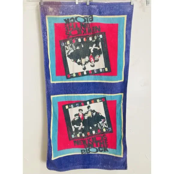 Vintage New Kids On The Block Beach Towel Retro 1990 Purple 46”X24” Magenta Teal