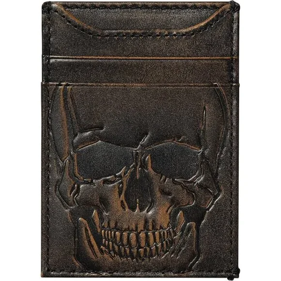 🆕Men Brown SKULL Front Pocket Wallet Money Clip Strong Magnetic Slim Wallet