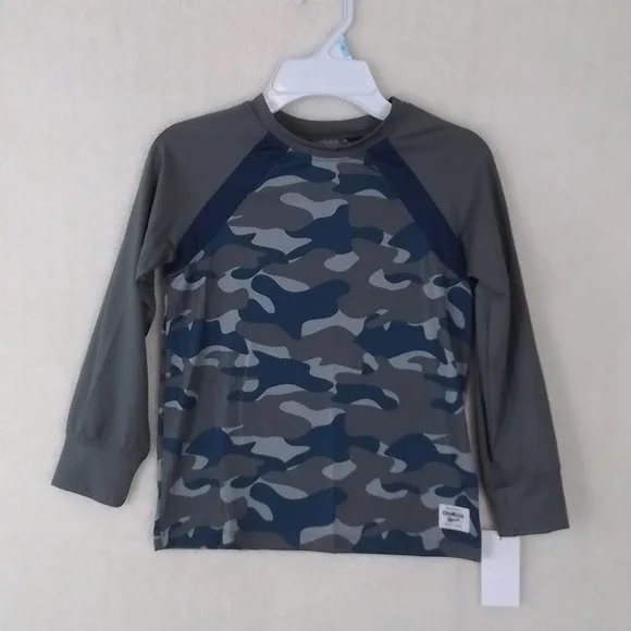 Oshkosh Boys Rash Guard Tee 5 Gray Blue‎ Camo Active Wear Long Sleeve Outdoor