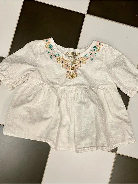 OshKosh B'gosh White Cottagecore Peplum Top with Floral Embroidery