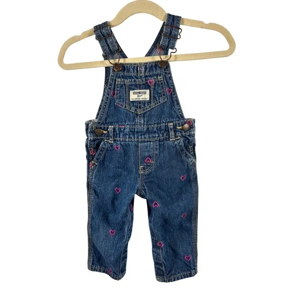 OshKosh B'gosh Denim Overalls 6M Blue‎ Pink Heart Embroidered Bibs Baby Girls