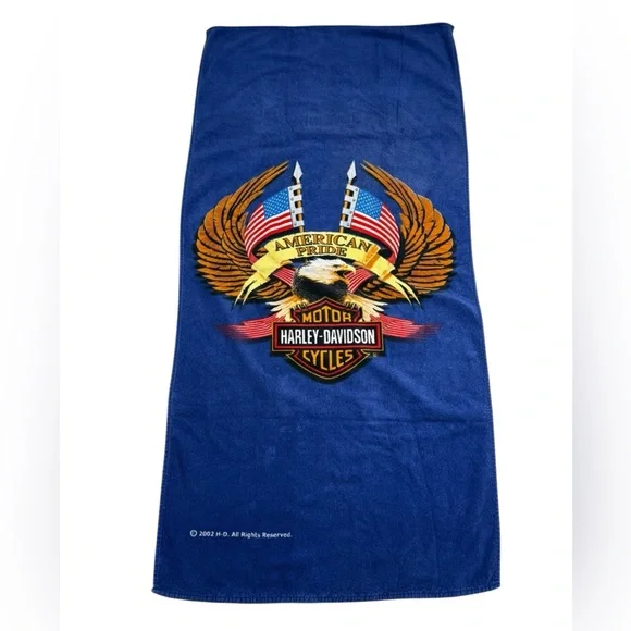 VTG 2002 Harley-Davidson American Pride Eagle Flag Beach Bath Towel Blue USA