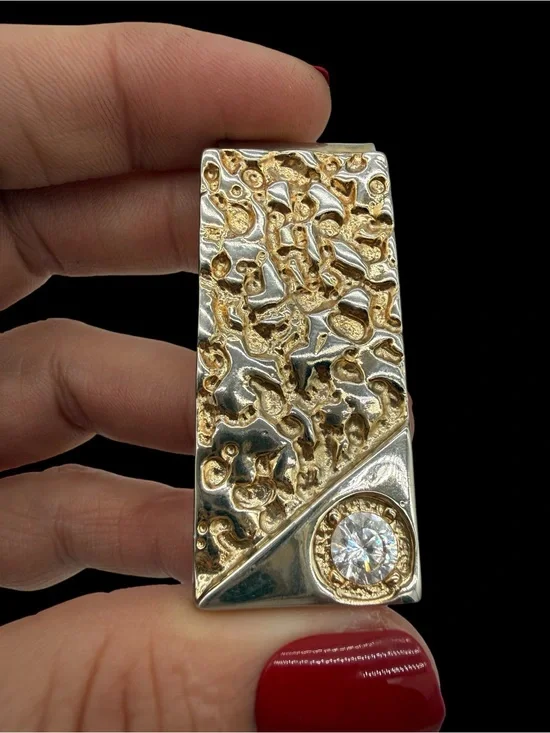 Vintage Lind 14K Gold-Plated Nugget Money Clip w/ Cubic Zirconia Accent- Signed