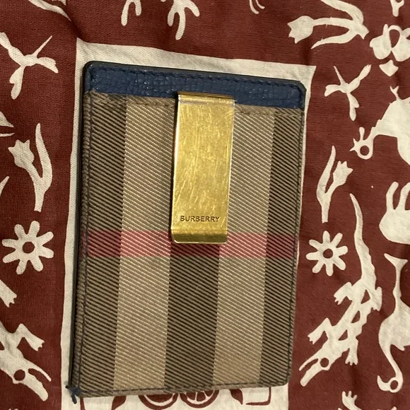 Burberry Brown Plaid Card Sleeve with Gold Money Clip and Navy Trim