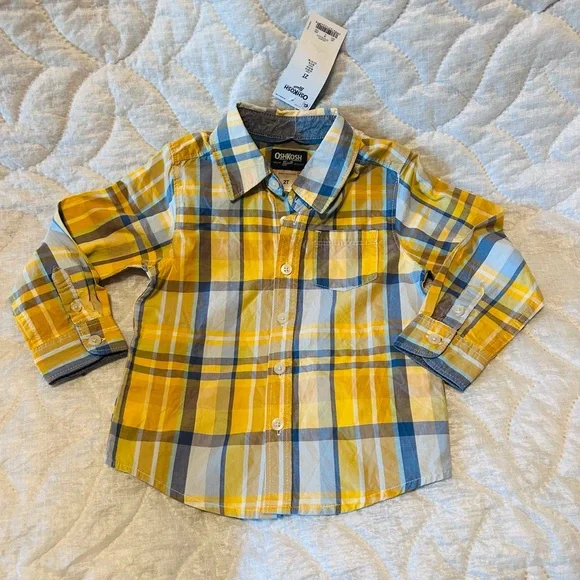 OshKosh B'gosh Kids Blue and Yellow Plaid Shirt, Long Sleeve.Size 2T.