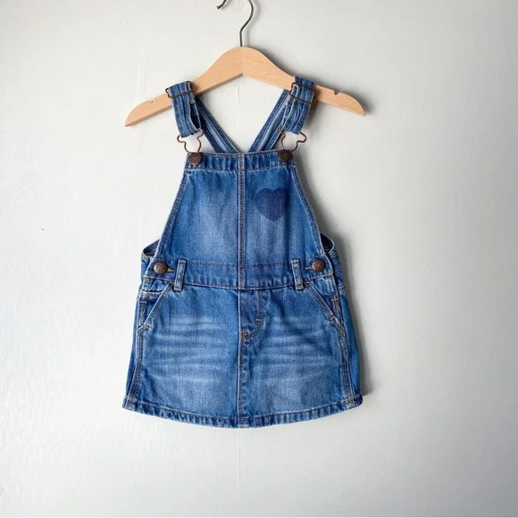 OshKosh B'Gosh Heart Print 100% Cotton Denim Skirtall Jumper Dress 2T