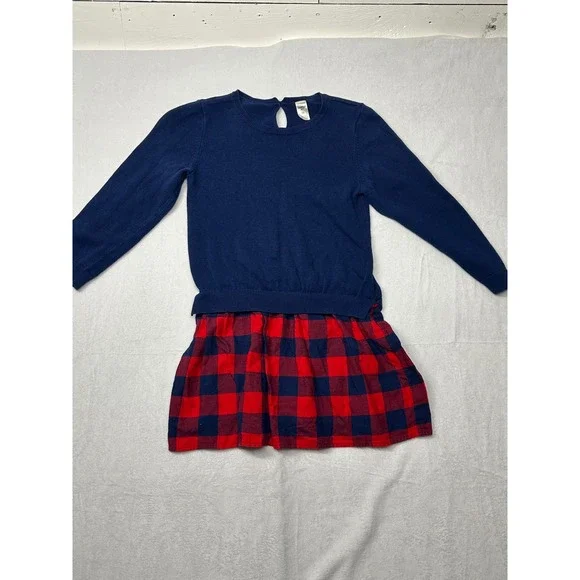 OshKosh B'Gosh‎ Girls' Navy Blue Sweater Dress Red Plaid Skirt Size 10