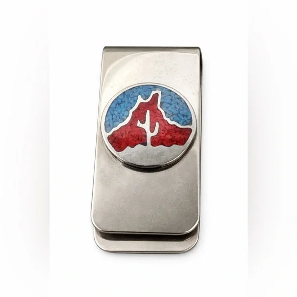 Southwestern Desert Inlay Money Clip Nickel Silver Cactus Mountain Design
