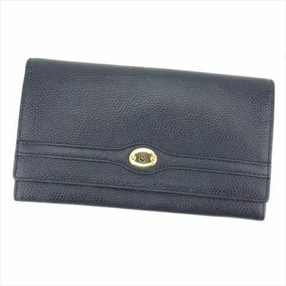 Authentic Dior Wallet Purse Long Wallet Navy Gold Embossed leather Woman unisex