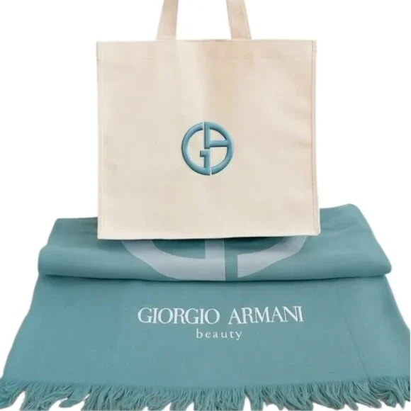 Giorgio Armani Beach Towel &Tote Set,Green Cotton Towel with Cream Bag,Boxed,NEW