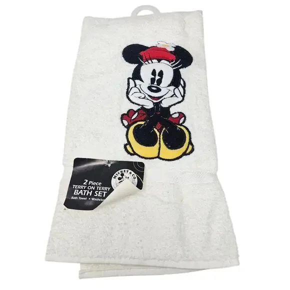Vintage 90s Mickey Co 2 Piece Terry Cloth Bath Towel Wash Cloth Minnie Mouse