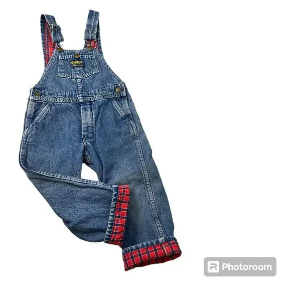 OshKosh B'Gosh Denim Overalls Red Plaid Lined Size 4T Made USA Vintage Vestbak