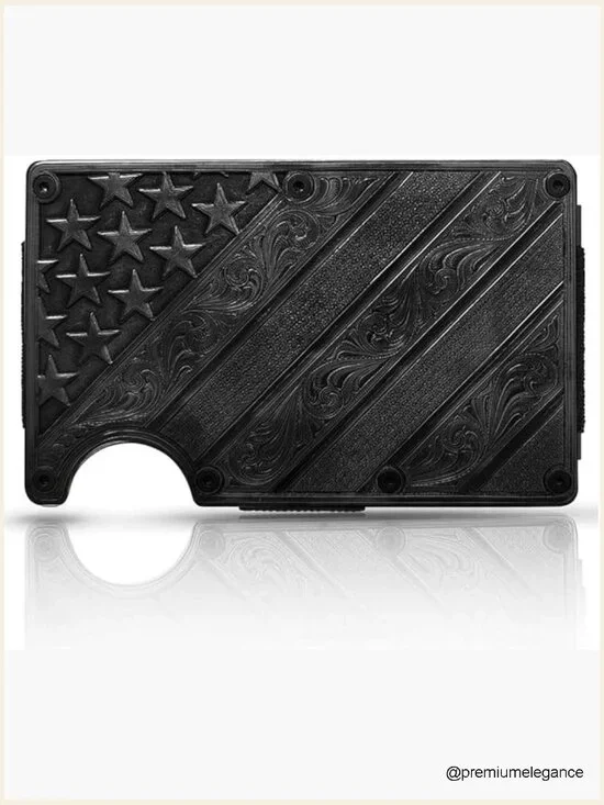 Western Credit Card & Cash Case with Filigree Flag Design