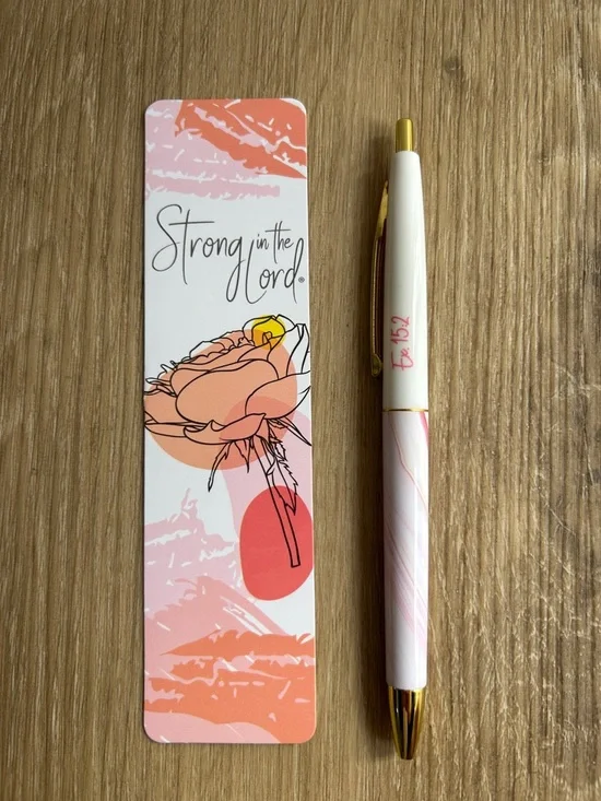 Strong in the Lord Floral Bookmark with Pink & Peach Pen