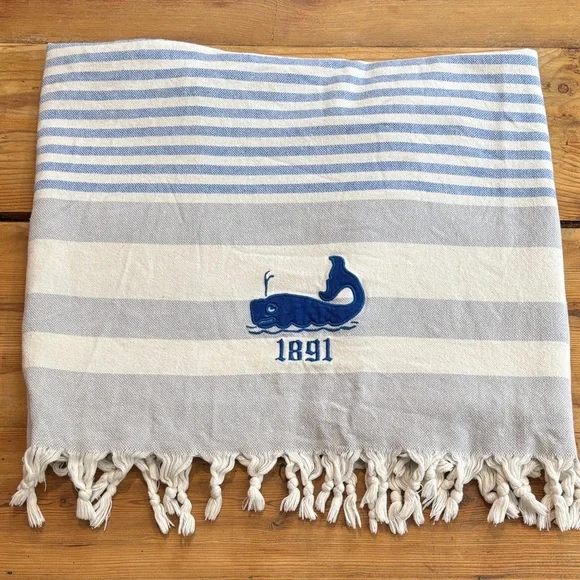 TURKISH COTTON Fringe Towel Whale 1891 Stripe Blue 35” x 70”