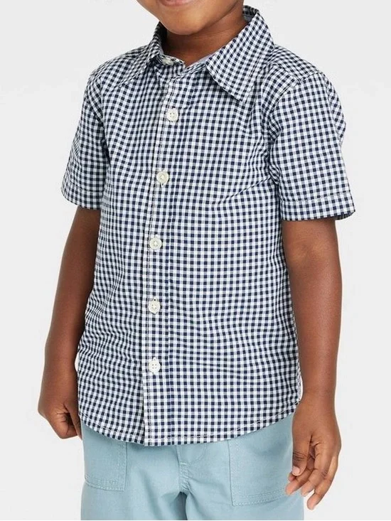 OshKosh B'gosh Navy and White Gingham Short Sleeve Button-Down Shirt