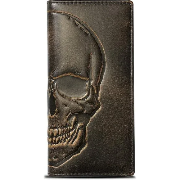 🆕Men Brown SKULL Long Wallet Hand Burnished Finish Grain Leather Bifold Wallet