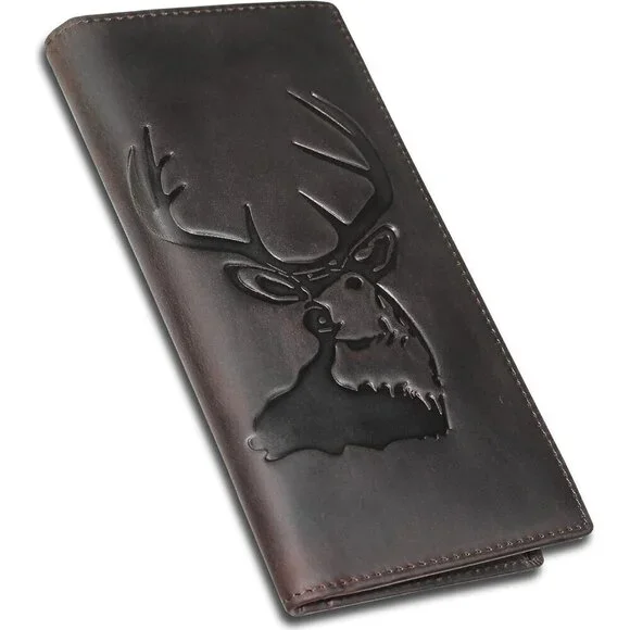 🆕Men Black Long Wallet Grain Leather Rfid Blocking Bifold Deer Wallet, Coffee