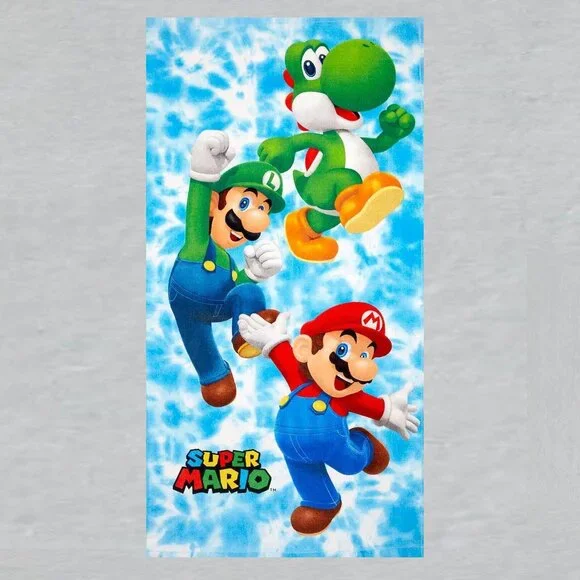 Super Mario Beach Towel Measures 28 x 58 inches.