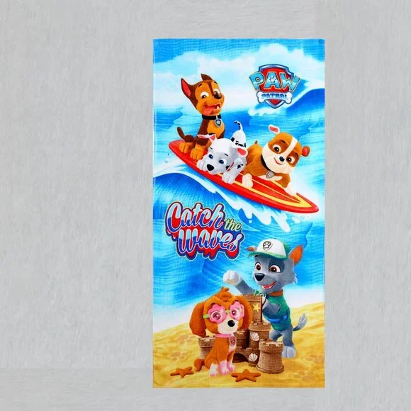 Paw Patrol Catch The Waves Beach Towel measures 28 x 58 inches