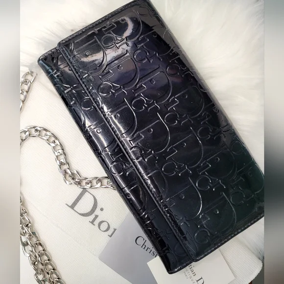 Dior oblique black patent continental leather wallet