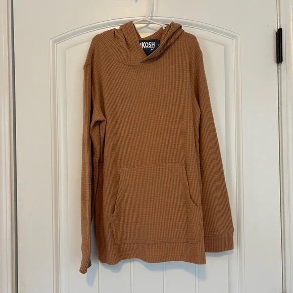 OshKosh B'gosh Boys Tan Hooded Waffle Knit Long Sleeve Shirt Size 14 NWT