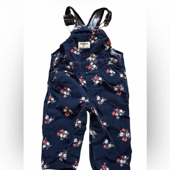 OshKosh B'gosh Navy corduroy Floral Kids Overalls vintage size 9 month
