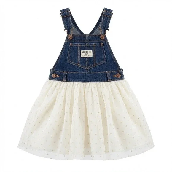 OshKosh Bgosh Girls 18M Denim Tulle Dress Gold Polka Dot Blue White Cute