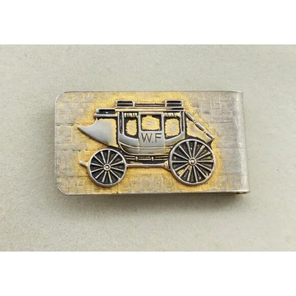 Vintage Wells Fargo US Mail Stage Coach‎ Money Clip Gold/Silver Toned 2