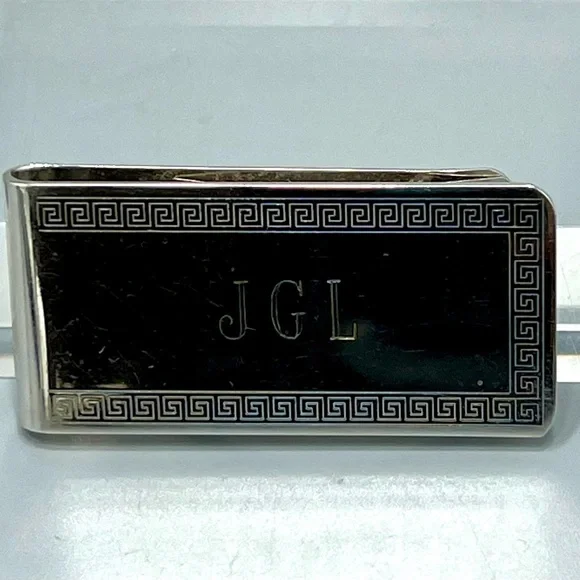 Sterling Silver Monogrammed Money Clip With Greek Key Pattern