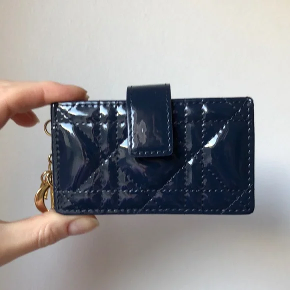Christian Dior Lady Dior Jasmine Card Holder Wallet In Blue Patent Leather