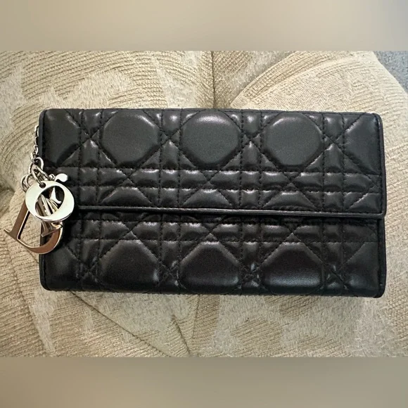 Authentic Lady Dior Cannage Black Quilted Leather Wallet w Silver DIOR Charm