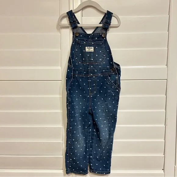 Oshkosh Bgosh Classic Denim Overalls Polka Dot Print Blue White Size 3T