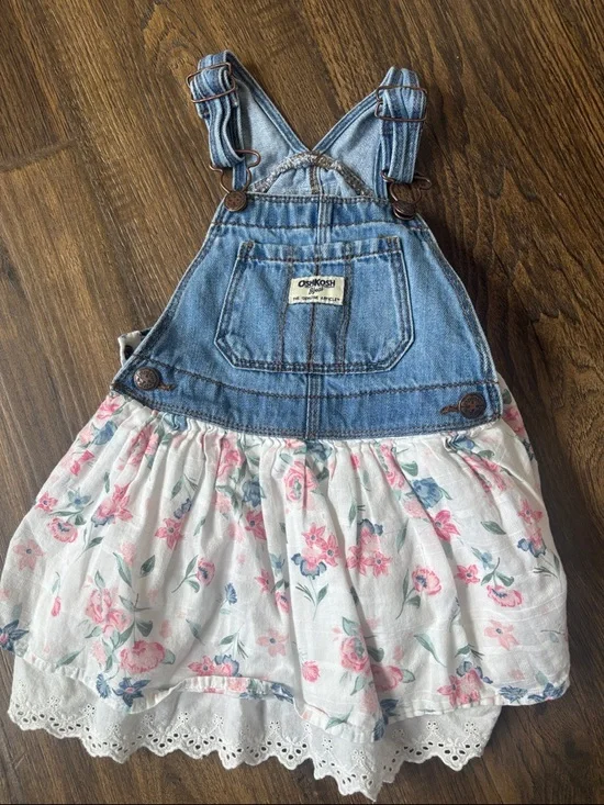 OshKosh B'gosh Denim Overall Dress with Floral Skirt - Light Blue & White
