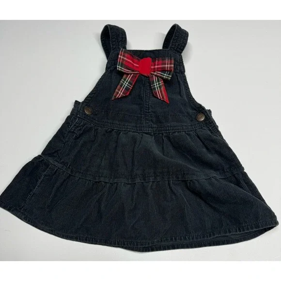 Vtg OshKosh BGosh Corduroy Jumper Dress Black‎ Plaid Bow Size 18 Months