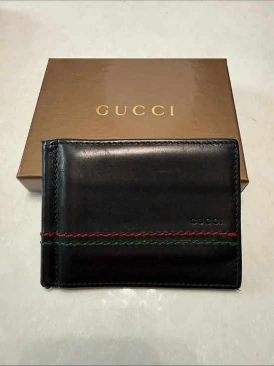 Gucci Black Leather Money Clip with Red & Green Stitching