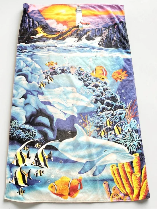 Vintage 90s Hilasal Sea Mist Beach Towel 61x36 Inch Colorful Lighthouse Fish
