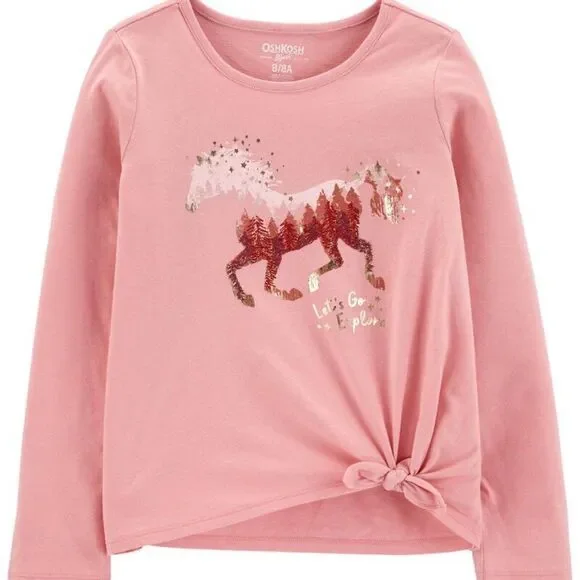 OshKosh Pink Horse Let's Explore Tie-Front Long Sleeve Shirt Top Size 10 New‎