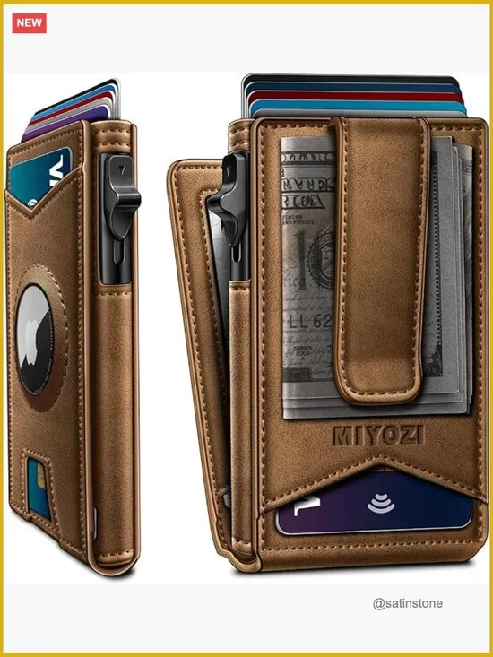 Pop-Up Airtag Wallet with Money Clip RFID Blocking Leather Flip