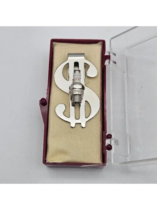 Vintage Dollar Sign $ Champion Spark Plug Silver Tone Money Clip in Box NOS