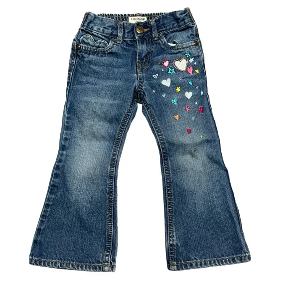 OshKosh Flare Denim Jeans Heart Embroidered Girls Size 3T Blue Pink‎ Casual