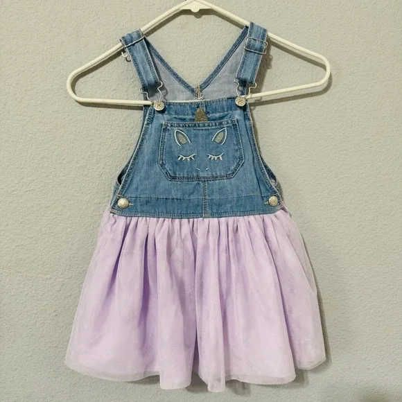 OshKosh Bgosh Girls 4T Unicorn Denim Overall Dress Lavender Tulle‎ Birthday