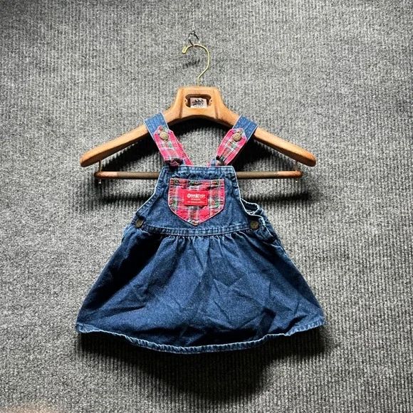 Vintage OshKosh Bgosh Jumper Dress Kids 2T Blue Denim Plaid Floral Embroidered