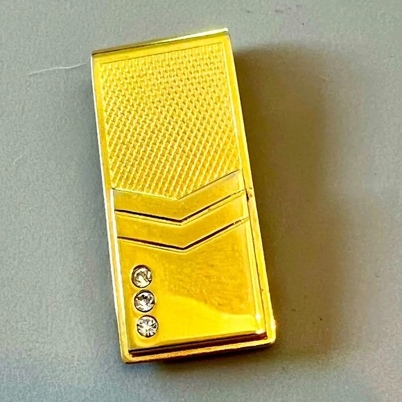 Money Clip Gold Tone Textured Three Rhinestones