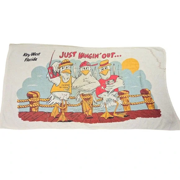 Vintage Beach Towel Unisex OS White Key West Florida Seagulls Souvenir Kitsch