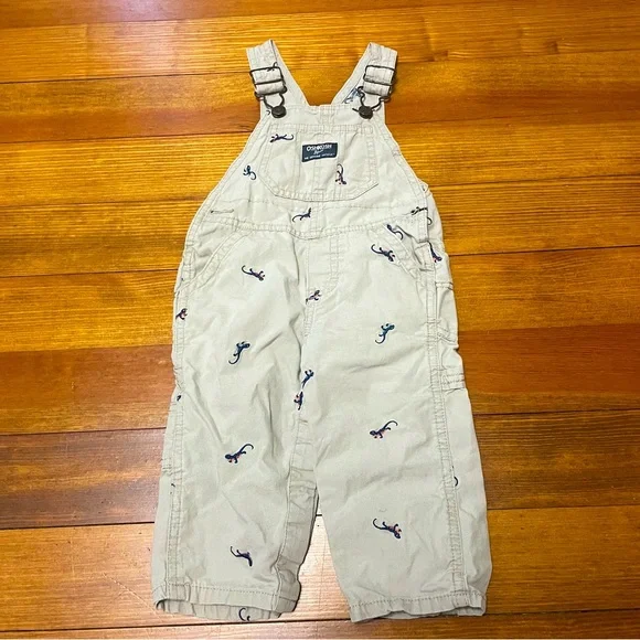 OshKosh B'gosh Cream Overalls with Navy Embroidered Lizards Size 12 Months