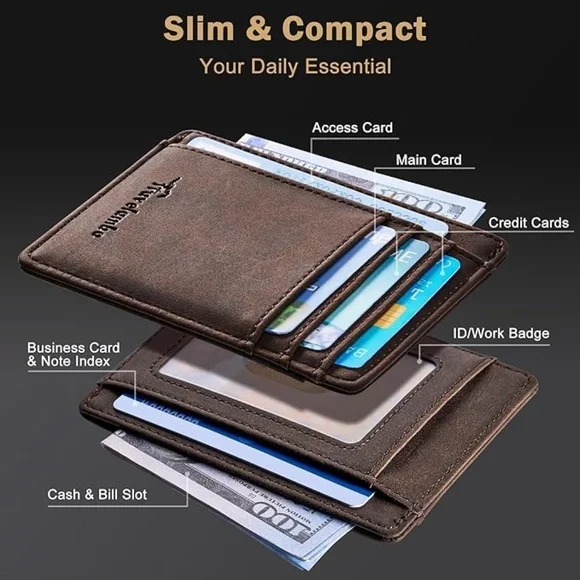 Mens Slim Wallet Front Pocket Minimalist Leather RFID Blocking Medium Size