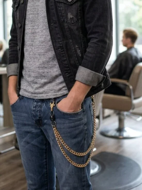 NEW Men Gold Metal Wallet Jeans Chains KeyChain Biker 2 Strands Pewter Skulls