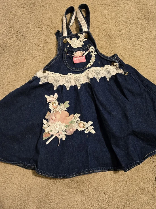 Vintage Oshkosh B'Gosh Denim Overall Dress With Embroidered Flowers Size 6